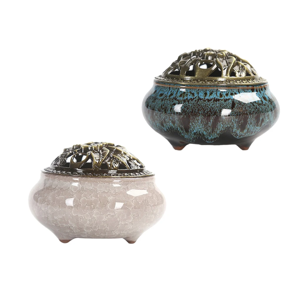 2x Vintage Chinese Ceramic Incense Burner Holder Buddhist Cones Coil Spiral Censer Ash Catcher Bowl with Alloy Cover
