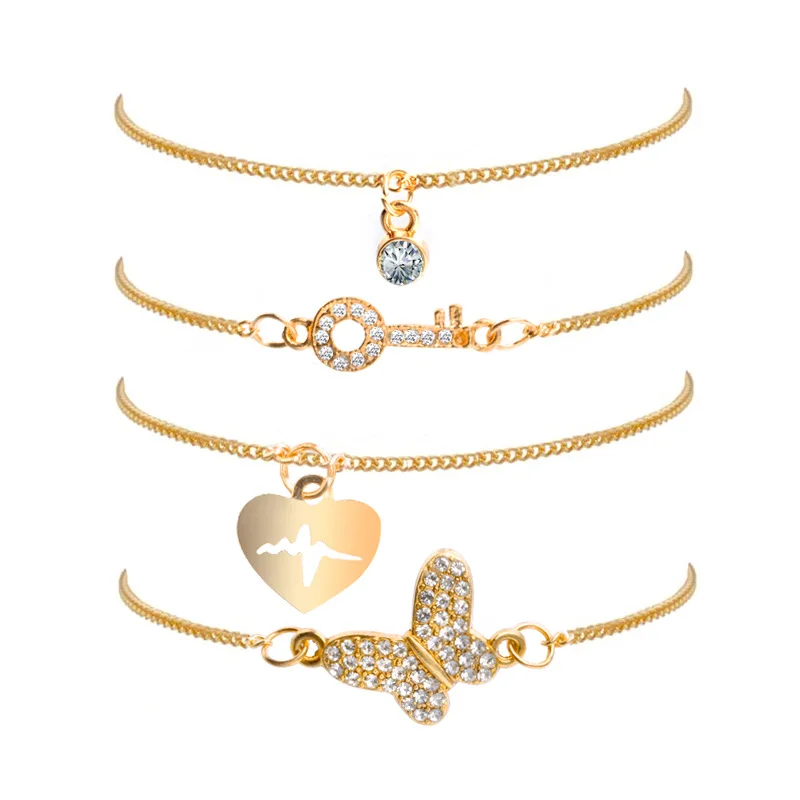 

4piece/set Rhinestone Butterfly Key Heart Shape Drop Dangle Bracelet Fashion Design Women's Personality Trendy Bangle Bracelet