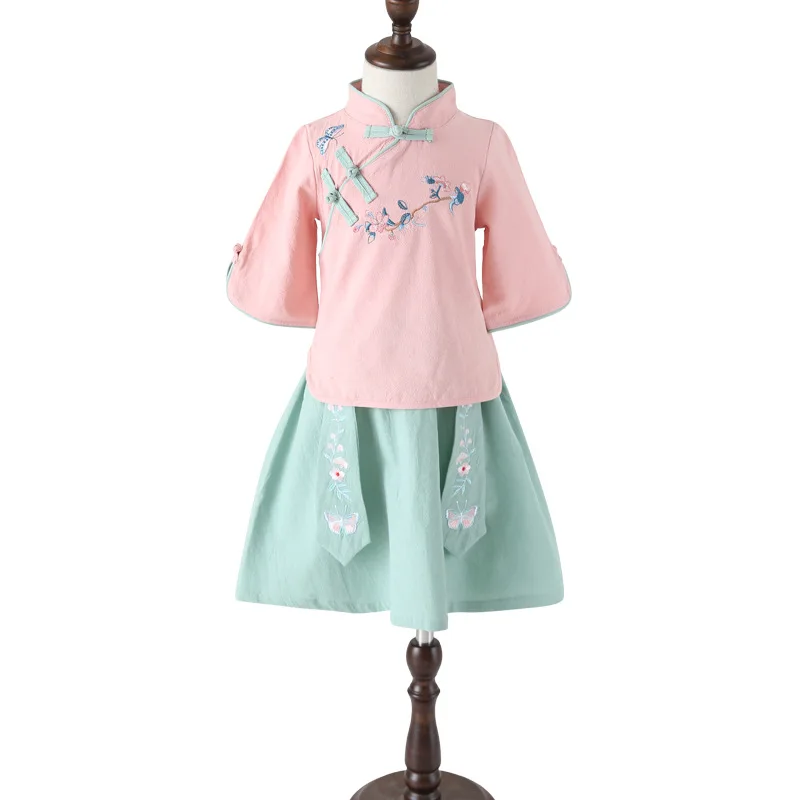 Одежда для девочек Hanfu/Детское платье в стиле Тан для маленьких девочек Cheongsam/Летняя одежда для девочек, комплект из 2 предметов, рубашка+ платье принцессы