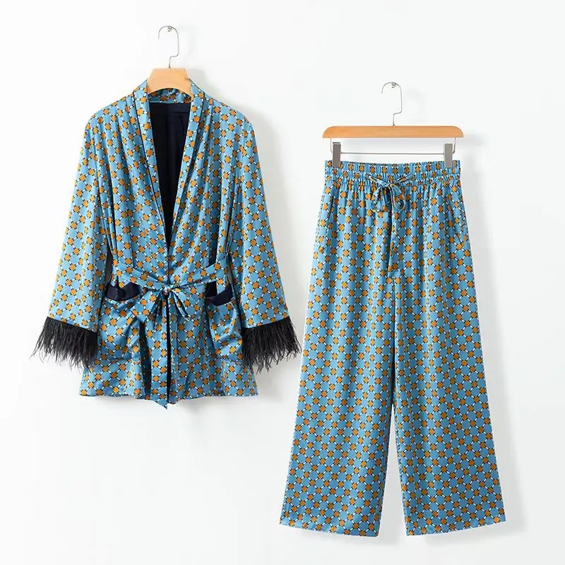 

2 Piece Set Women Jacket Retro Geometric Dot Print Two Piece Set Bow Tie Blazer + Wide Leg Pants Fringe Cuff Slim Women Jacket