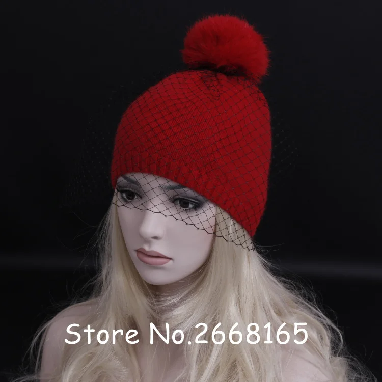 Элегантный стиль леди восстановление древних способов марлевые покрытые лицо шляпа с натуральным кроличьим мехом мяч шерсть однотонная шляпа зимняя вязаная шапка - Цвет: red