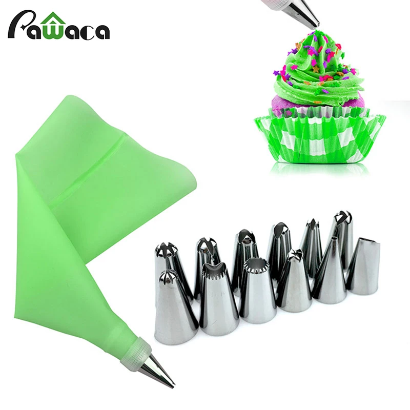 

DIY Cake Decorating Supplies Cake Decorating Tip Set with 12 Stainless Icing Tips, 1 Couplers, 1 Reusable Silicone Pastry Bags