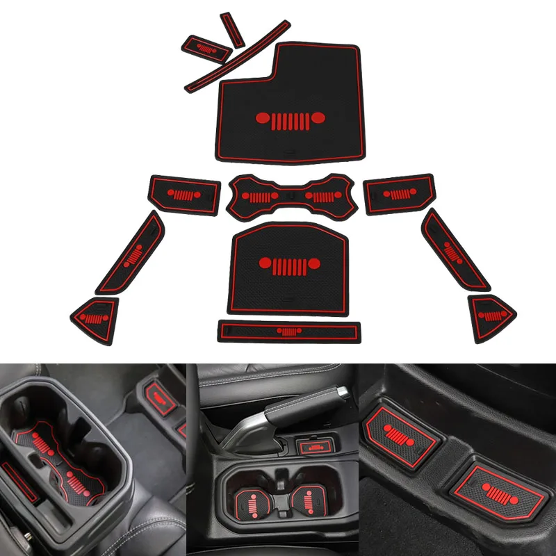 Set Rubber Red  White Car Interior Gate Slot Pad Mat Cup Mat Pad Decoration for Jeep Wrangler JL 2018+ Car Styling Accessories (17)