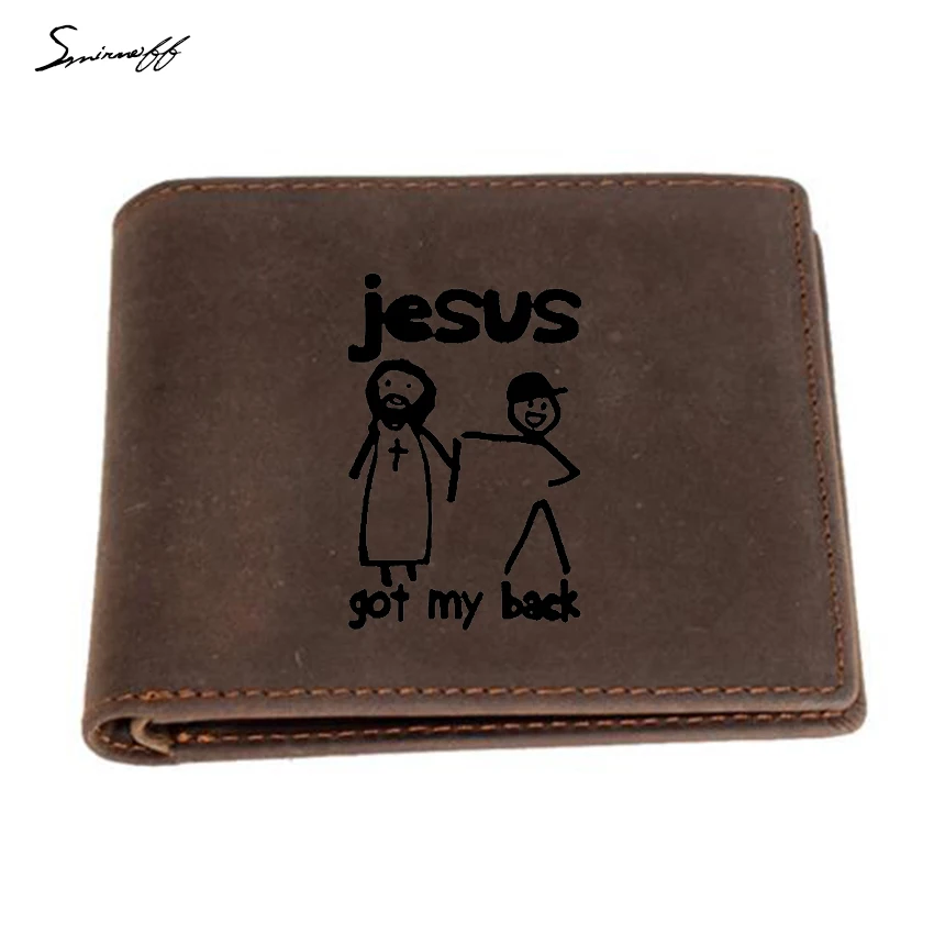 

Personality Gifts Genuine Leather Men Wallet Engraved Photos Jesus got my back Purses Zip Pocket Card Holder Wallet for Male
