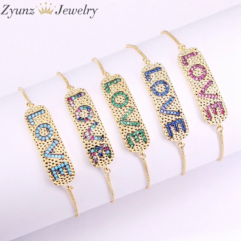 

5PCS, Rectangle Bar Letter Word Cubic Zirconia CZ Zircon Crystal Adjustable Bracelets for Women