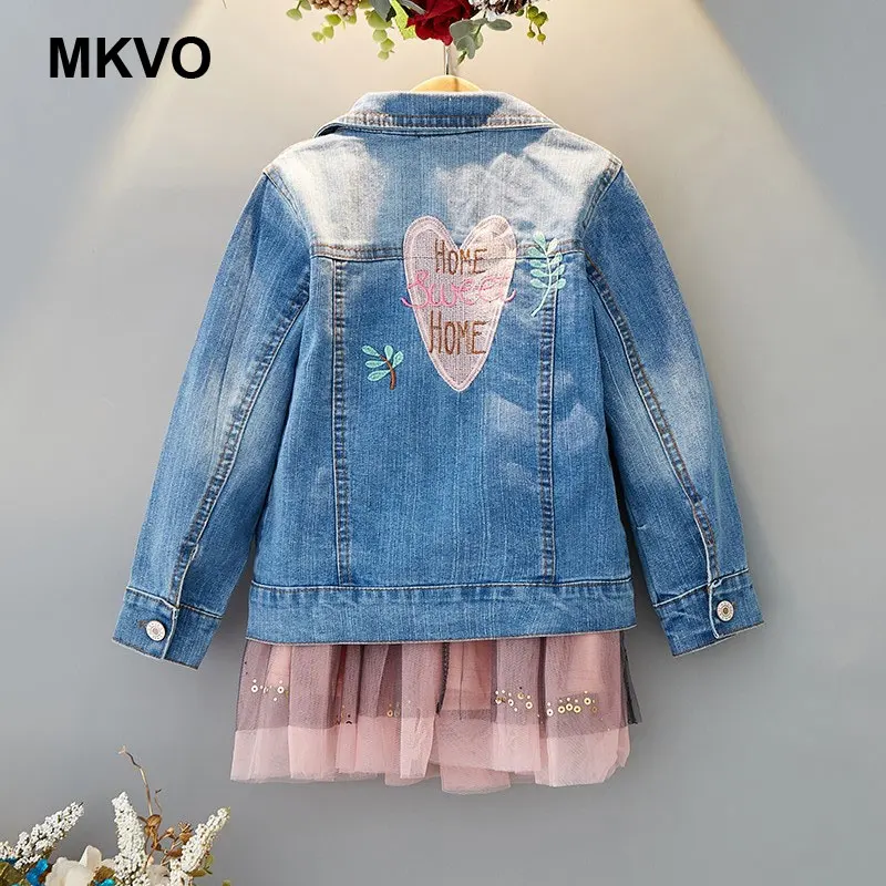 

Autumn Girls Denim Outerwear Korean Fashion Love Embroidered Children's Jacket Casual Long Sleeve Pattern Outfits Tops Clothing