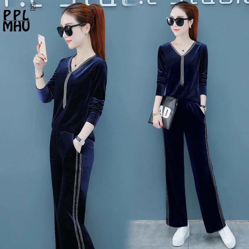 

2019 Fashion Casual 2 Piece Outfits For Women V-neck Velvet Tracksuits Bright Silk Top And Wide Leg Pants For Elegant Ladies Set