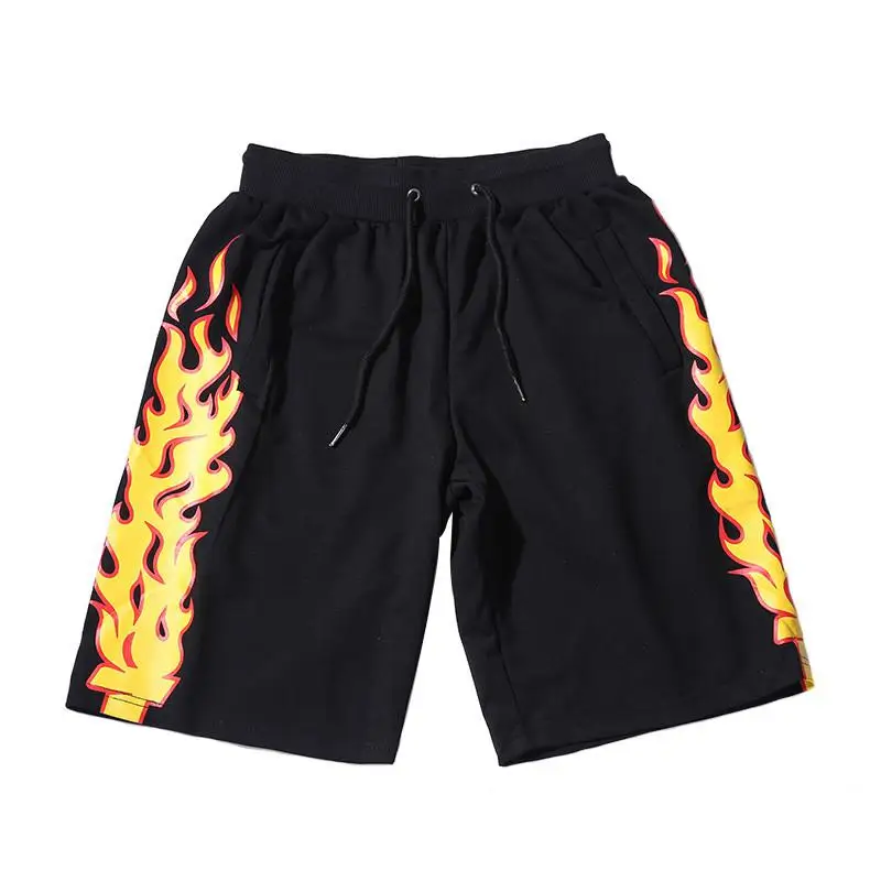 Новинка, мужские шорты, летняя мода, хип-хоп, мужские шорты, хлопок, огонь, пламя, принт, мужские шорты для бега, эластичная талия, спортивные шорты для мужчин