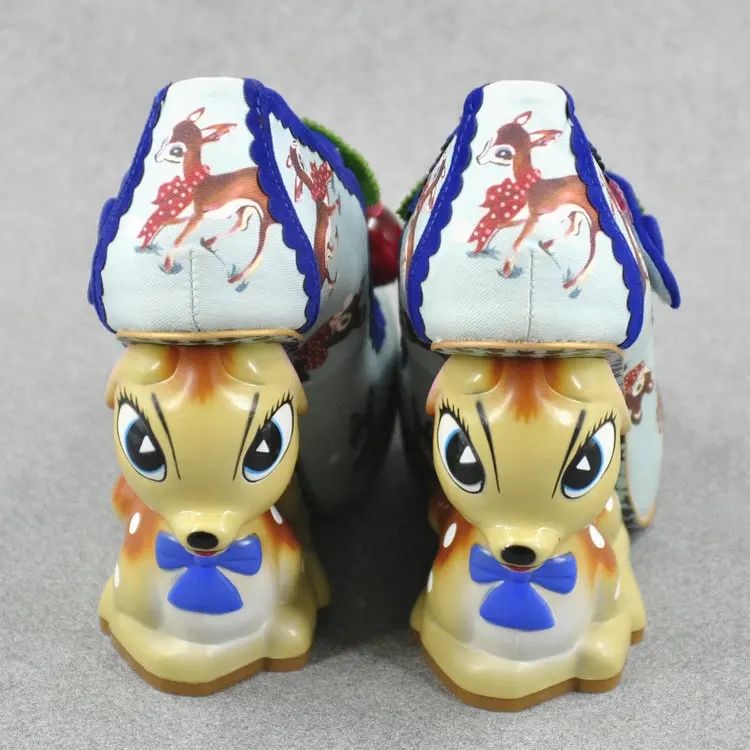 Cute buckle strap deer printing leather shoes irregular little deer heel shoes double cherries high heel shoes