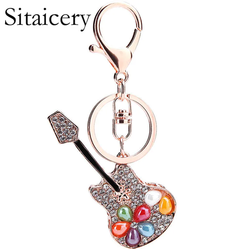 Sitaicery Unique Guitar Crystal Rhinestone Keychains Purse Bag Buckle HandBag Pendant Car Keyrings Glitter Keychains For Ladies