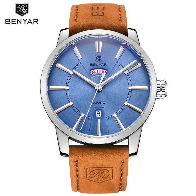 ФОТО BENYAR New Genuine Leather Watch Men Luxury Brand Quartz Watch Analog Display Date Casual Watch Men Watches Relogio Masculino