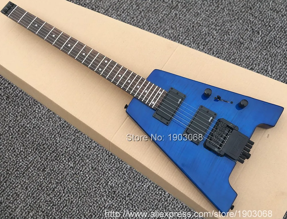 

New Style Headless mini Electric Guitar, Travel Guitar w/ Maple Neck, Gloss finish blue color, Black Hardware