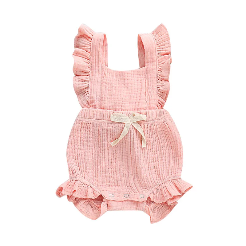 

Newborn Girls Ruffles Rompers Kids Toddler Summer Cotton Linen Bowknot Sleeveless Solid Jumpsuit Clothes Outfits Baby Costume