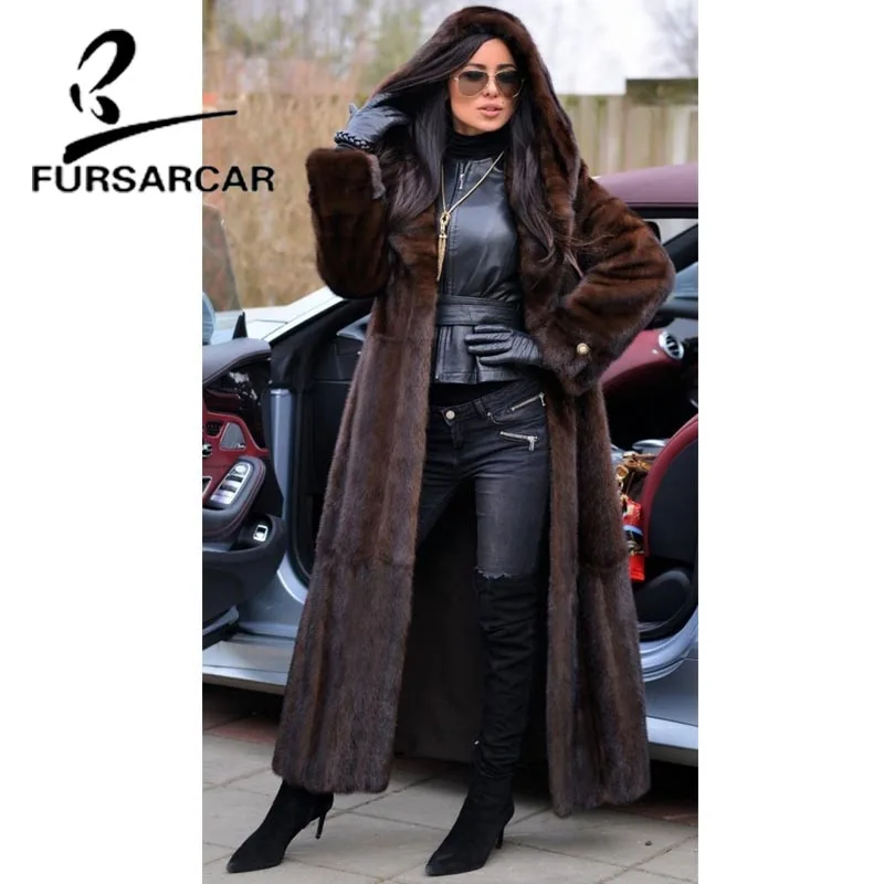 FURSARCAR 2020 новые роскошные шубы из натурального меха норки 120 см длинная куртка с