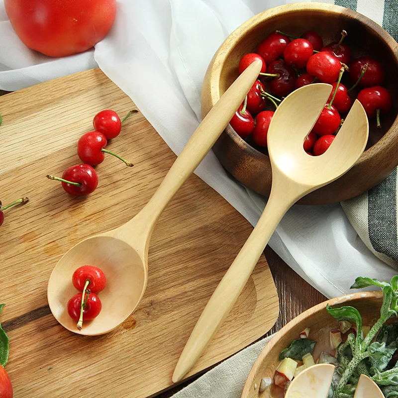 2pcs Large Wooden Spoons Kitchen Salad Mixing Serving Spoon Fork Cutlery Set Food Salad Servers Wooden Utensils Cooking Tool (1)