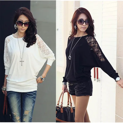 

2017 Women Ladies Blousa Loose Batwing Dolman Lace Long Sleeve Casual Top T Shirt M XXL