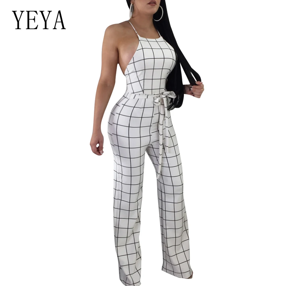 YEYA Summer Sleeveless Strap Backless Long Jumpsuits Women Plus Size Boot Cut Jumpsuit Casual Sexy Elegant Plaid Mujer Jumpsuits