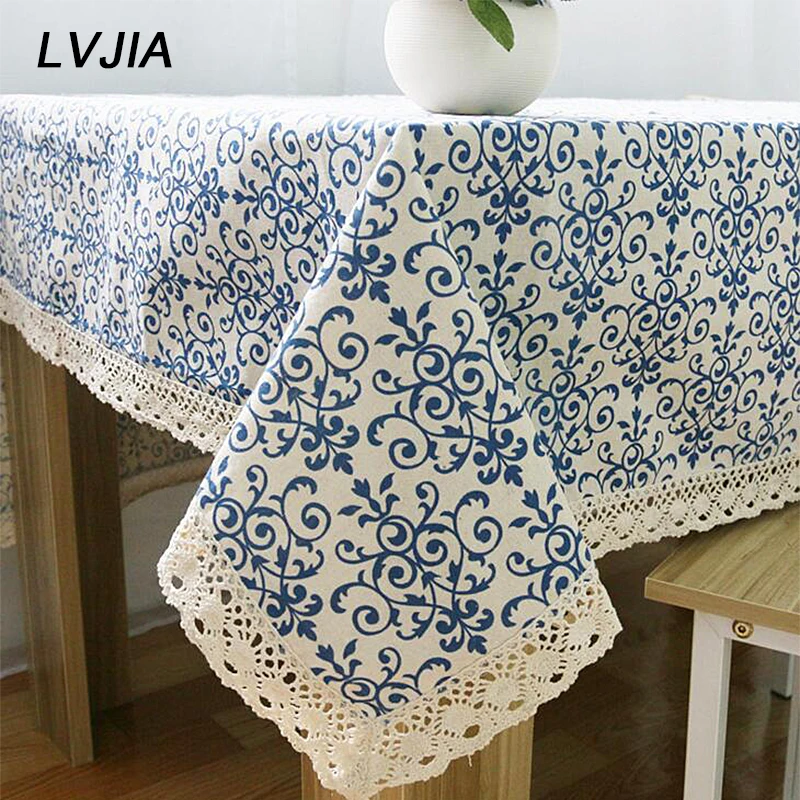 

Chinese classical cotton and linen tablecloth Vintage blue Flowers and white porcelain Dining table cover for Kitchen Home Decor