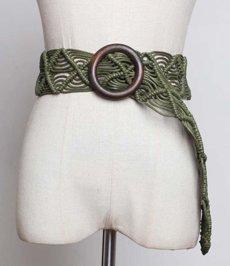 

2019 Vintage WAX CORD String Waist Belt Women Knitted Braided Round Wood Buckle Waistband Dress Belt Summer Female Corset Girdle
