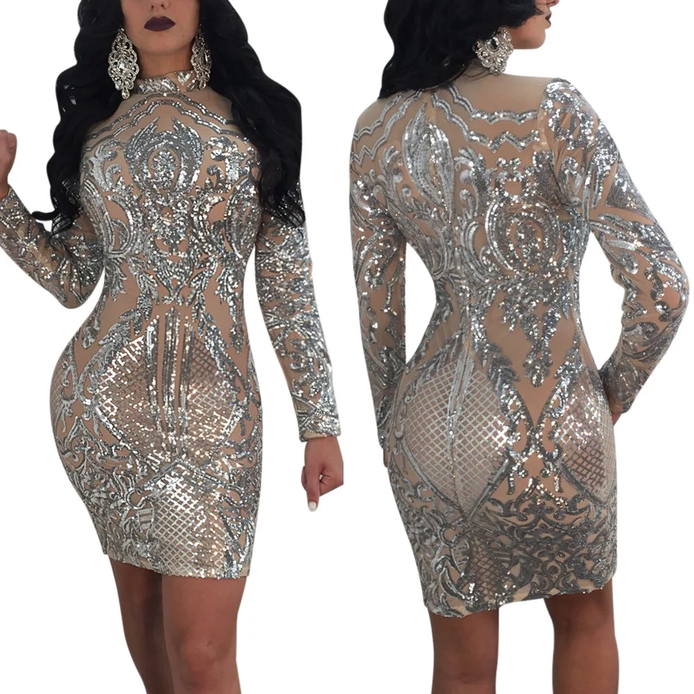 

Sliver Sequined Insert Mesh Bodycon Dress Sexy Woman Spring/Fall Fashion Night Club Wear See Through Package Hips Mini Dresses