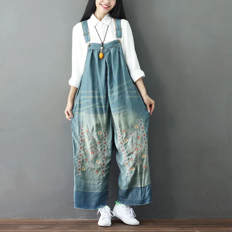 

Johnature Denim Jumpsuits Plus Size 2019 New Summer Embroidery Floral Vintage Blue Pockets Wide Leg Casual Quality Jumpsuits