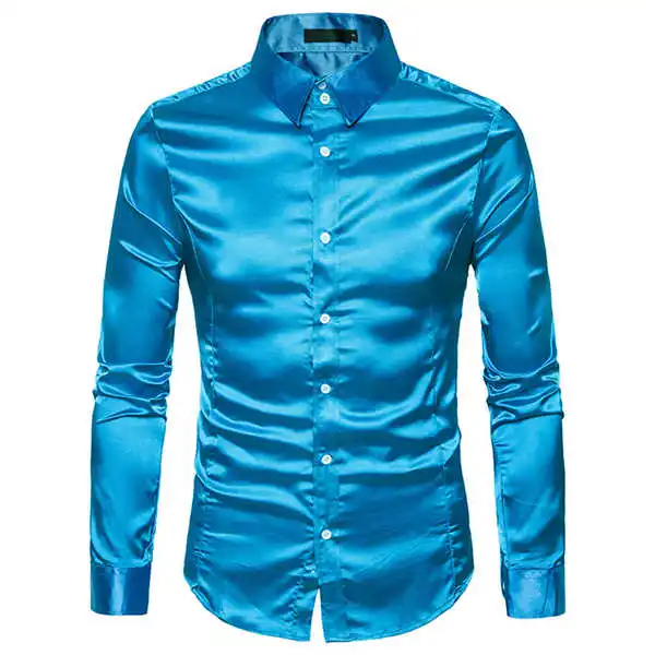 Smooth Silk Satin Shirt Men Slim Fit Long Sleeve Shiny Gold Silver ...