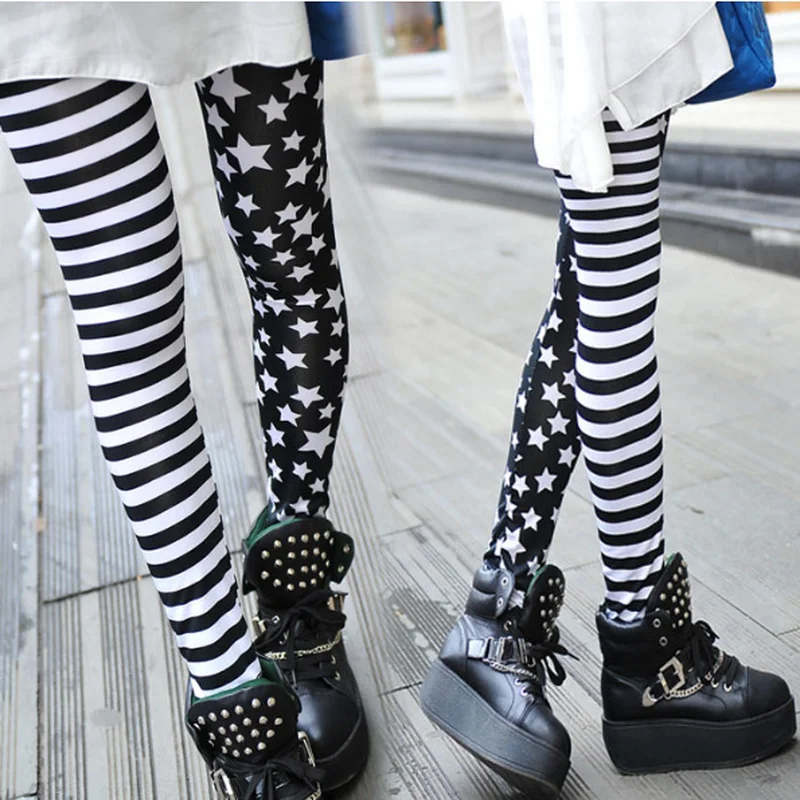 

HOUZHOU Fitness Gothic Women Leggings 2019 Punk Leggings Fashion Pants Winter Leggings Striped Slim Patchwork Star Pencil Pants