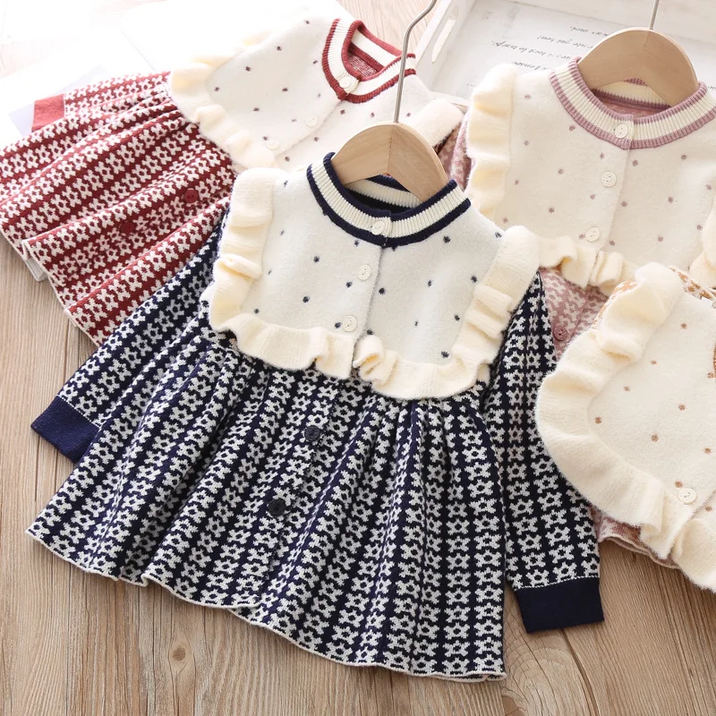 Ceny Dziewczynek sukienka ciepły kwiat dzianiny z długim rękawem księżniczka sukienka ubrania dla dzieci sukienki dziecięce dla maluch dzianina wysokiej jakości 3 T