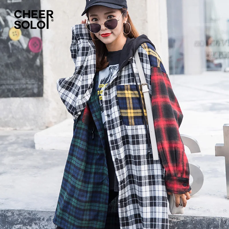Cheersolo/Осенняя клетчатая Женская куртка оверсайз в стиле шотландка длинная с