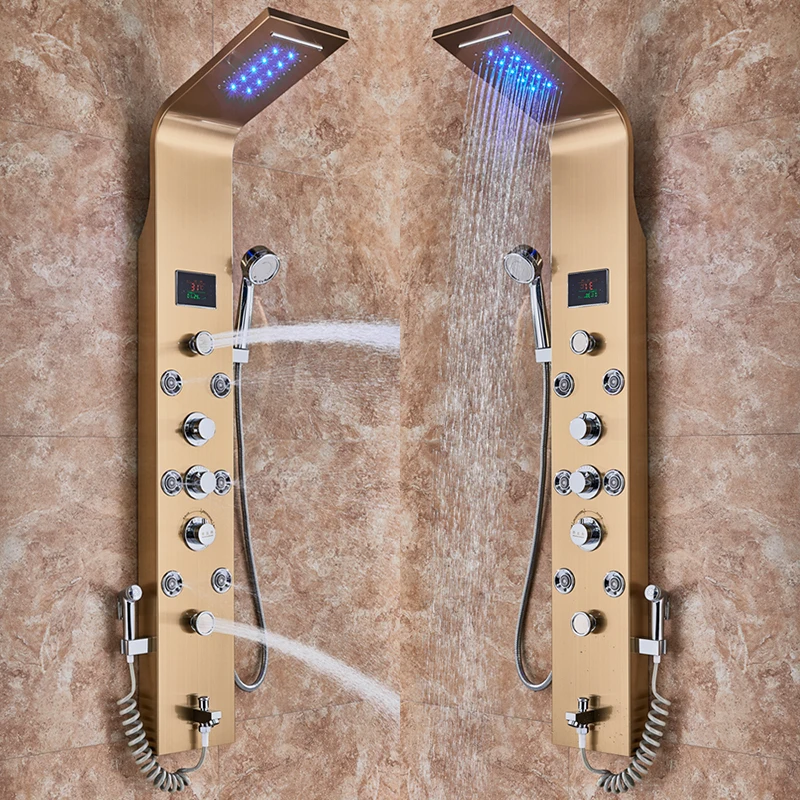 Роскошный черный/матовый душевой кран для ванной комнаты, светодиодный душевой панельный столбик, смеситель для ванной с ручным душевым температурным экраном