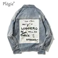 Plegie Mens Denim Jacket Distressed Hip Hop Vintage Patchwork Jacket Jeans 2018 Letter printed Ripped Denim Jackets Streetwears