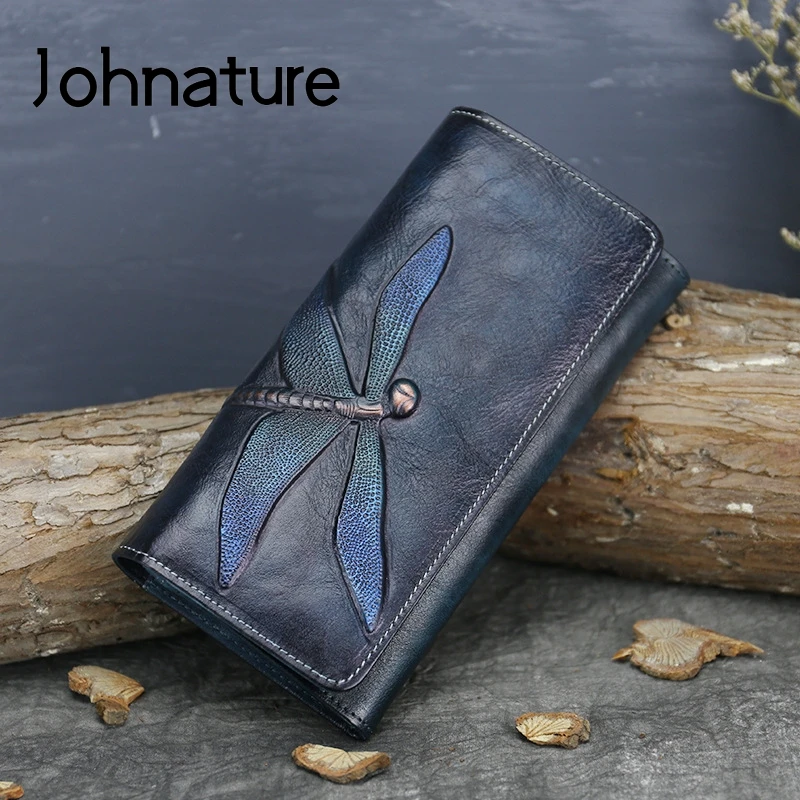 

Johnature 2019 New Genuine Leather Animal Prints Vintage Hasp Butterfly-knot Long Standard Wallets Retro Women Purse