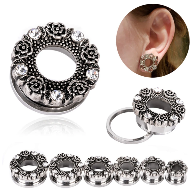 

2PCS Punk New Ear Plugs Flared Hollow Sexy Body Jewelry Stainless Steel Crystal Fashion Tunnels Piercing Ear Expansions Gift