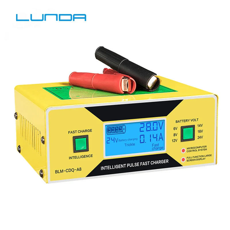 

English LCD 6V 12V 24V Car Battery Charger Automatic Intelligent Pulse Repair Battery Charger AC150V/250V 16V With Adapter