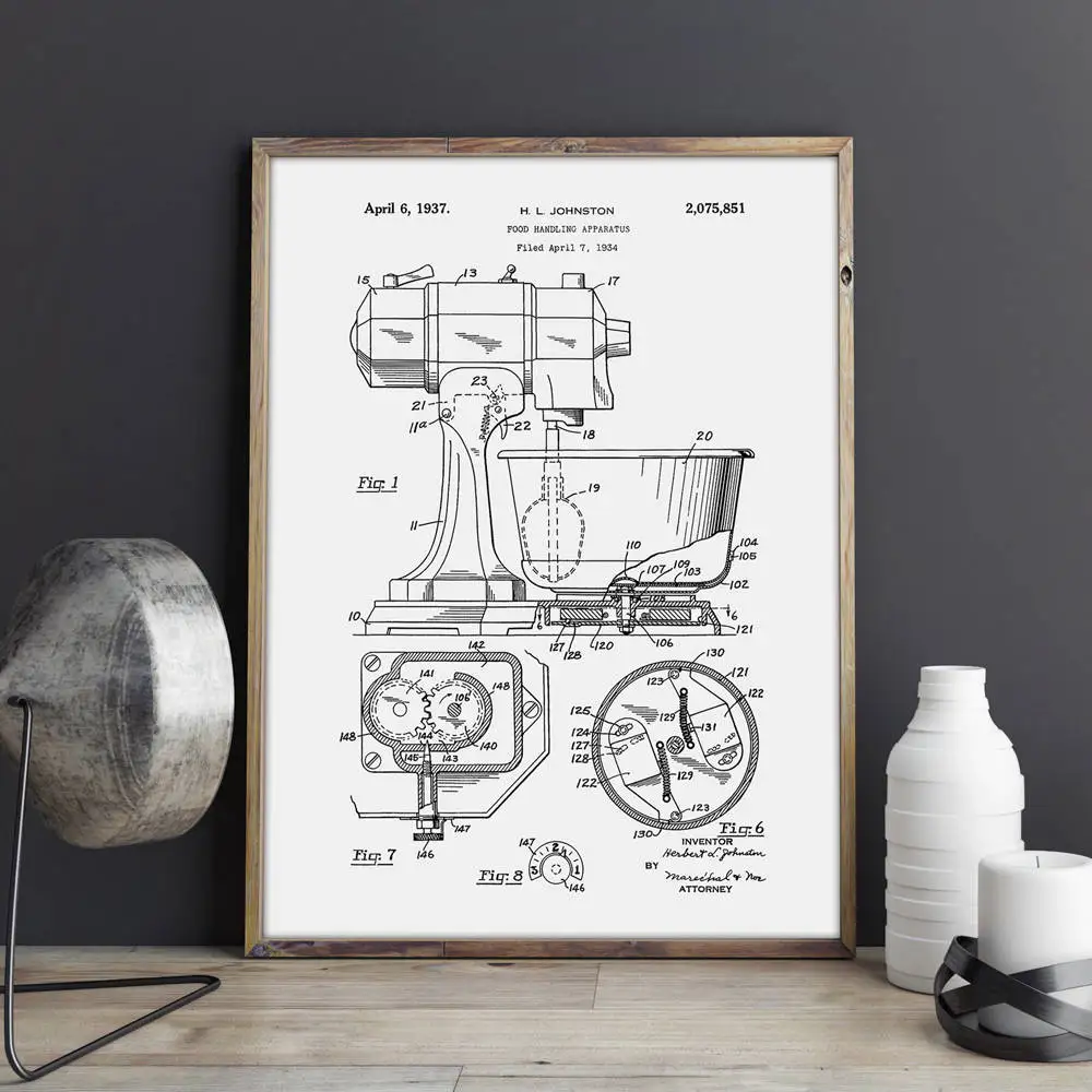 Кухонный миксер патент, выпечка произведение искусства, пекарня настенное искусство, кухня помощь плакаты, декор комнаты, печать, blueprint, идея подарка, настенные украшения