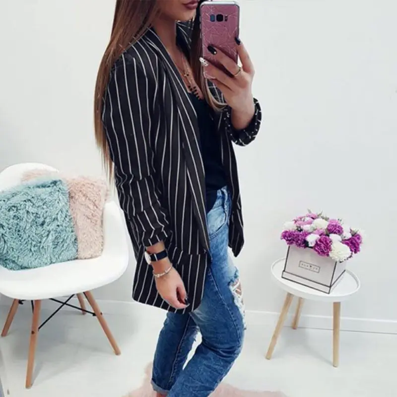 

Fashion Casual Blazers Slim Fit Women Formal Jackets Office Work Open Front Notched Striped Ladies Blazer Coat