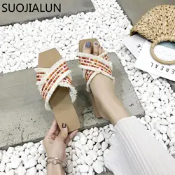 SUOJIALUN/2019 г. женские шлёпанцы для женщин Летние кисточкой сланцы направляющие плоский каблук сандалии девочек плетеные сандалии