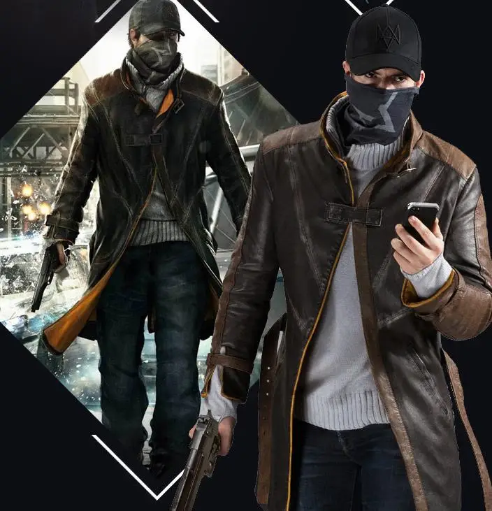 Часы Собаки Косплей Aiden Pearce костюм искусственная кожа пальто + шапка шарф маска