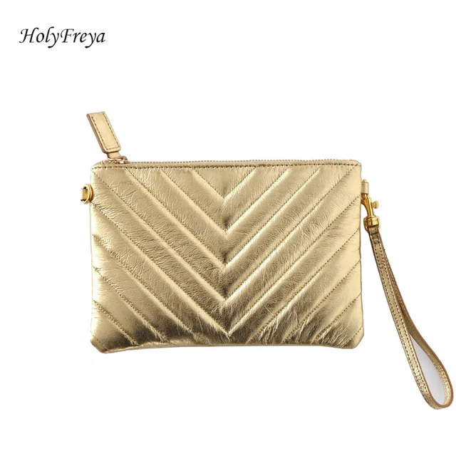 Gold Genuine Leather Wristlet Women Purse Sheepskin Quilted Bag Women