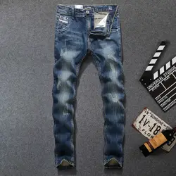 Итальянский винтажный дизайн мужские джинсы темный цвет прямой крой хлопок 1014