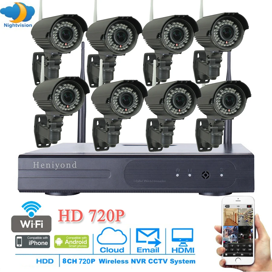 8CH 720P Full HD Wireless Security CCTV Surveillance System WIFI NVR Kit 8 PCS Outdoor Cameras Super Night Vision HDD