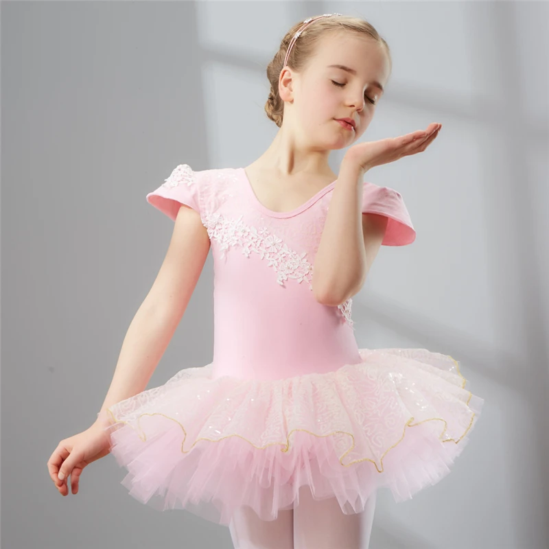 

Combed Cotton Ballet Dress Tutu Ballet for Girls Kids Children High Quality Short Sleeves Tulle Dance Gymnastics Leotard