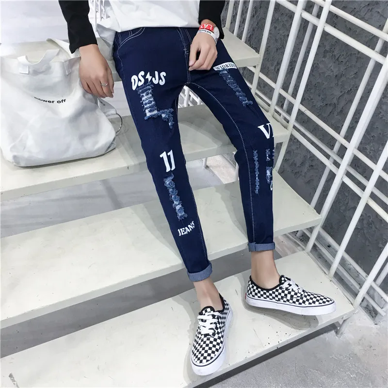 Лето 2019 стрейч 9 джинсы мужские корейской версии slim fit повседневные тренды мужские Перфорированные леггинсы MW390