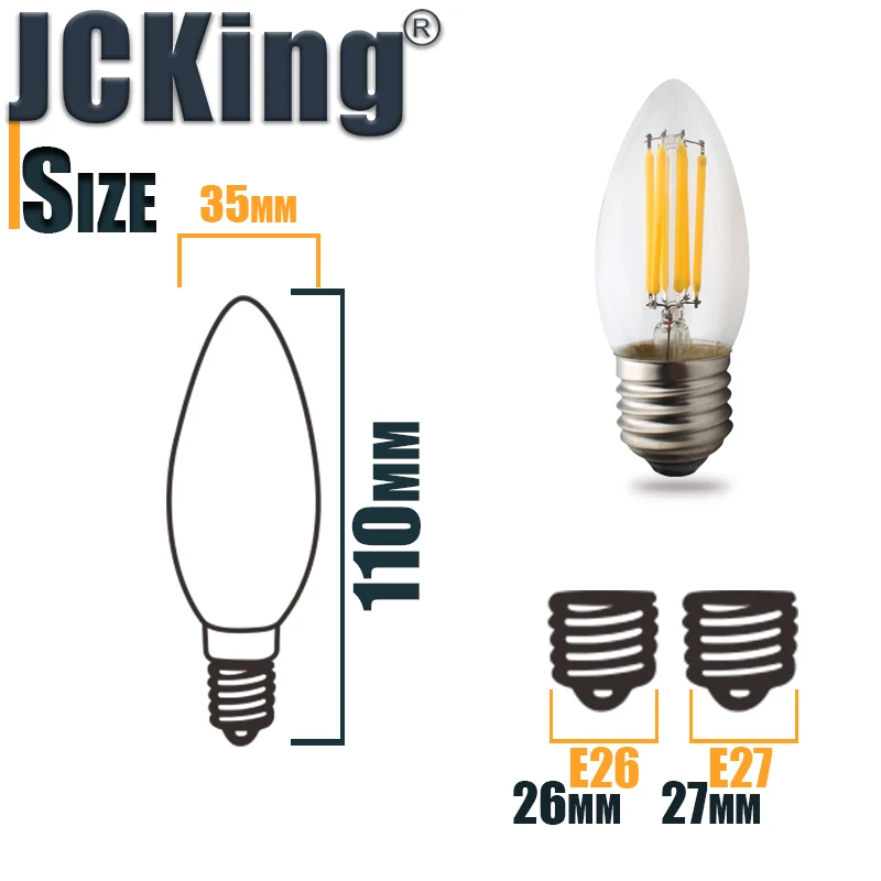 JCking упаковка из 10 светодиодных ламп E27 с регулируемой яркостью 2 Вт 4 Вт 6 Вт светодиодные свечи E26 E27 110 В 220 В винтажная лампа накаливания для люстры освещения