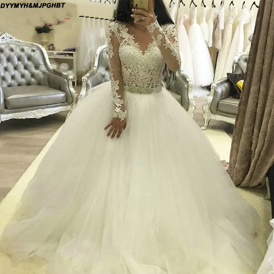

Simple Long Sleeve Lace Wedding Dresses 2018 Crystal Belt Tulle Ball Gown Wedding Gowns