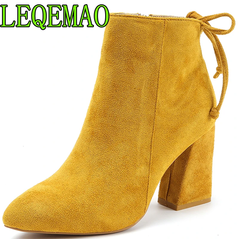 

New 2018 High Heels Women Boots Fashion Flock Pointed Toe Platform Sexy Ankle Boots Zipper High Heels Autumn Wither Shoes