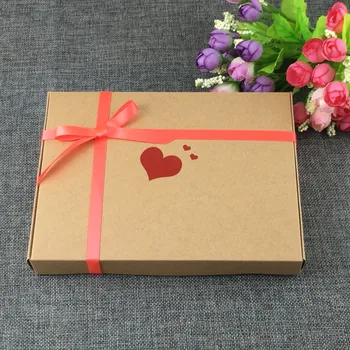 

12Pcs/Lot Handmade Cuboid Kraft Paper Gift Box With Ribbon Red Heart-shaped 20x15x2.5cm For Candy Scarf Dried Petals Green Tea