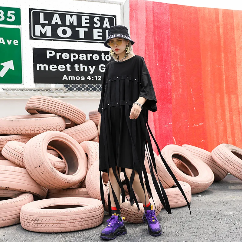 

Women Summer Oversized Streetwear Hip Hop Punk Gothic Black T Shirt Dress Female Rivet Ribbons Spliced Loose Casual Long Dress