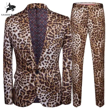 

Plus Size 5XL Trend DJ Night Club Leopard Print 2 Pieces Set Mens Suits Jacket With Pants Stage Singers Costume Casual Suit