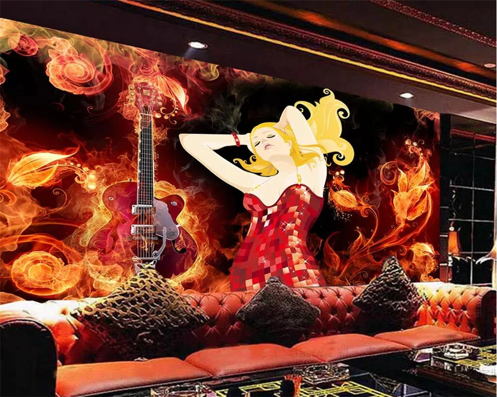 

beibehang Custom wallpaper 3D mural fashion flame guitar beauty bar disco KTV personality tooling background wall paper mural